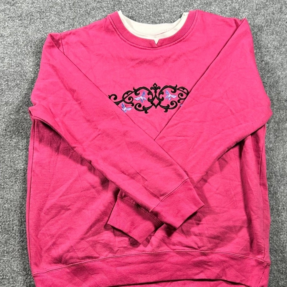 Pembrook Sweatshirt Womens Size L Pink Butterfly Embroidered Crew Neck Casual